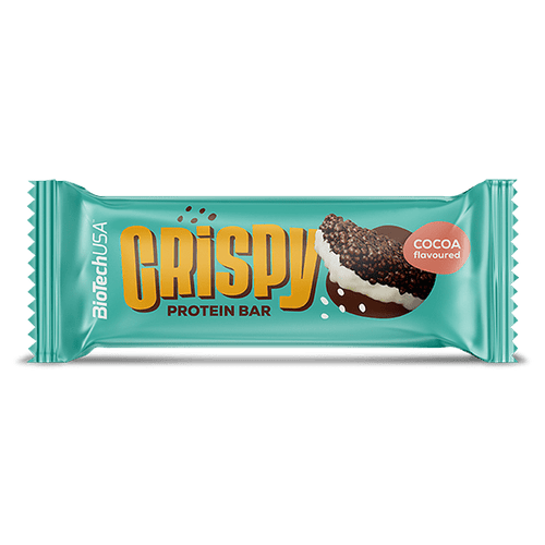 BioTechUSA Crispy Protein Bar – Knuspriger Proteinriegel mit Kakaogeschmack, unten mit weißer Kuvertüre überzogen, mit Milchprotein-Extrudat, Keksstücken, Zucker und Süßungsmitteln, glutenfrei.