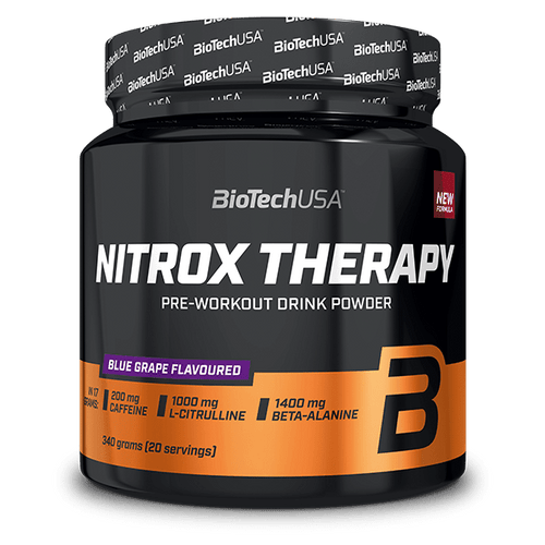BioTechUSA Nitrox Therapy Pre-Training-Getränkepulver, mit Zucker und Süßungsmittel, Aminosäuren, Vitaminen und Mineralstoffen sowie 200 mg Koffein in einer Tagesration.