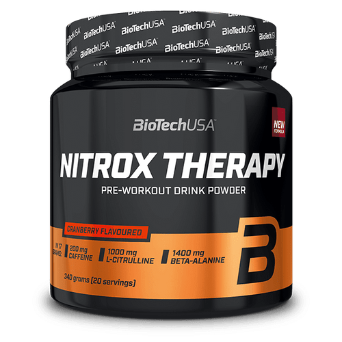 BioTechUSA Nitrox Therapy Pre-Training-Getränkepulver, mit Zucker und Süßungsmittel, Aminosäuren, Vitaminen und Mineralstoffen sowie 200 mg Koffein in einer Tagesration.