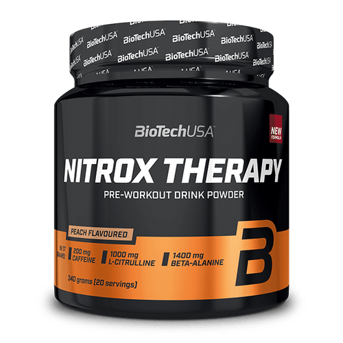 BioTechUSA Nitrox Therapy Pre-Training-Getränkepulver, mit Zucker und Süßungsmittel, Aminosäuren, Vitaminen und Mineralstoffen sowie 200 mg Koffein in einer Tagesration.