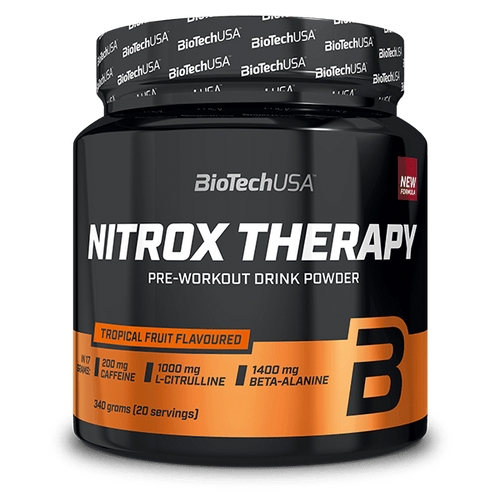 BioTechUSA Nitrox Therapy Pre-Training-Getränkepulver, mit Zucker und Süßungsmittel, Aminosäuren, Vitaminen und Mineralstoffen sowie 200 mg Koffein in einer Tagesration.